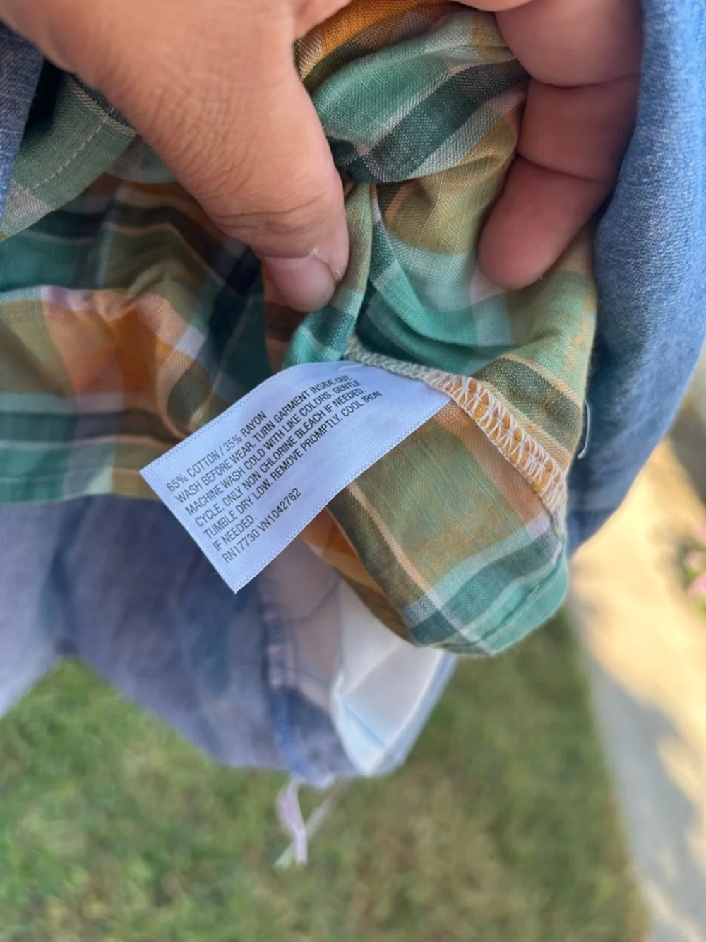 Cat & Jack Blue Denim Pinafore with Green & Orange Plaid Top